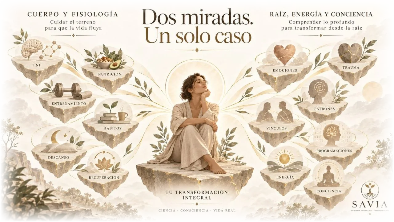Cuerpo y fisiología a un lado; raíz, energía y conciencia al otro